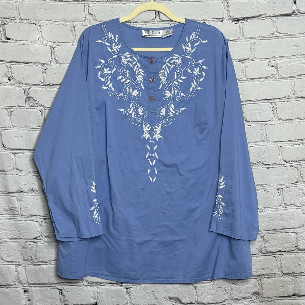 VENEZIA Vitale Embroidered Cotton Tunic Blouse with Beads Sky Blue Size 1X